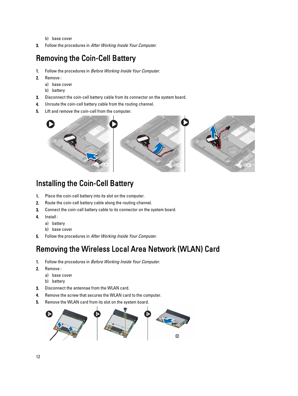 Removing the coin-cell battery, Installing the coin-cell battery | Dell Vostro 5460 (Late 2012) User Manual | Page 12 / 39