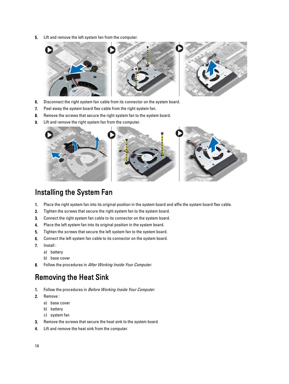 Installing the system fan, Removing the heat sink | Dell Vostro 5460 (Late 2012) User Manual | Page 14 / 39