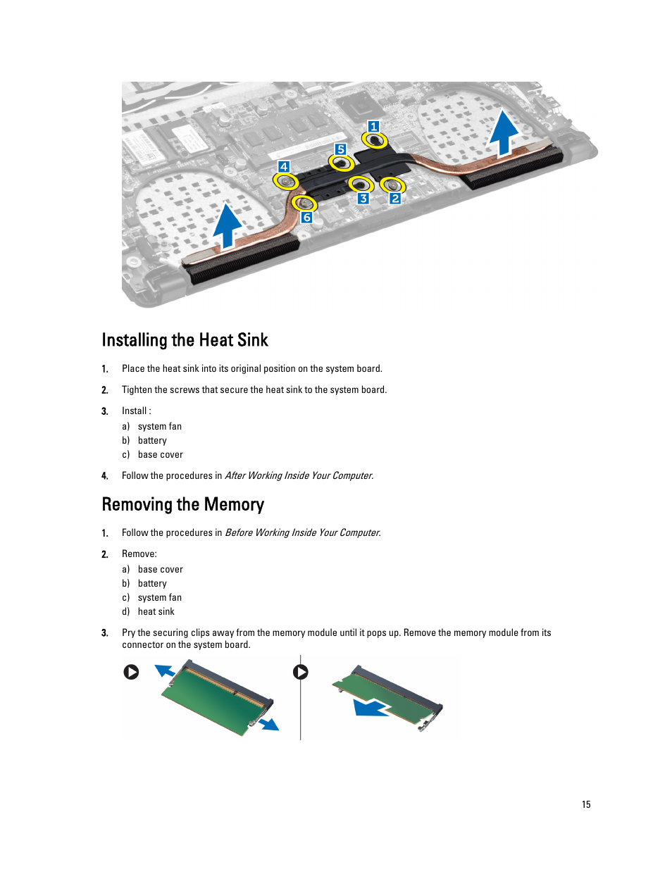 Installing the heat sink, Removing the memory | Dell Vostro 5460 (Late 2012) User Manual | Page 15 / 39