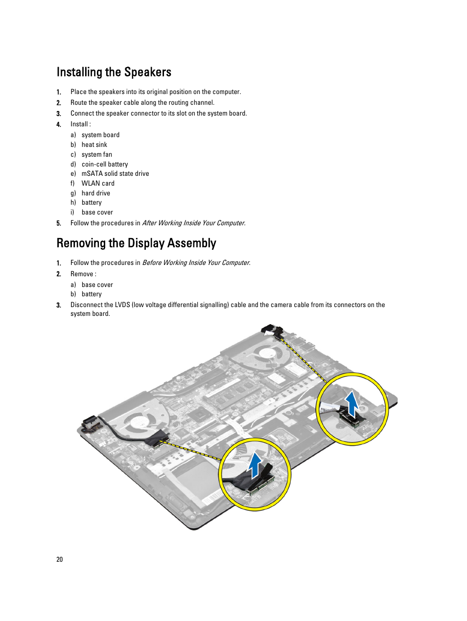 Installing the speakers, Removing the display assembly | Dell Vostro 5460 (Late 2012) User Manual | Page 20 / 39
