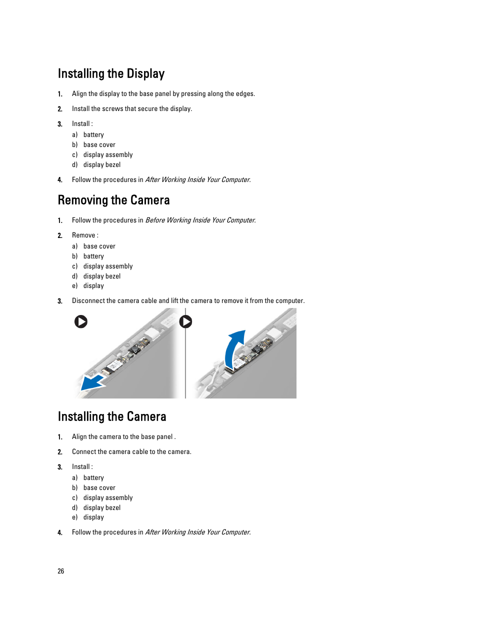 Installing the display, Removing the camera, Installing the camera | Dell Vostro 5460 (Late 2012) User Manual | Page 26 / 39