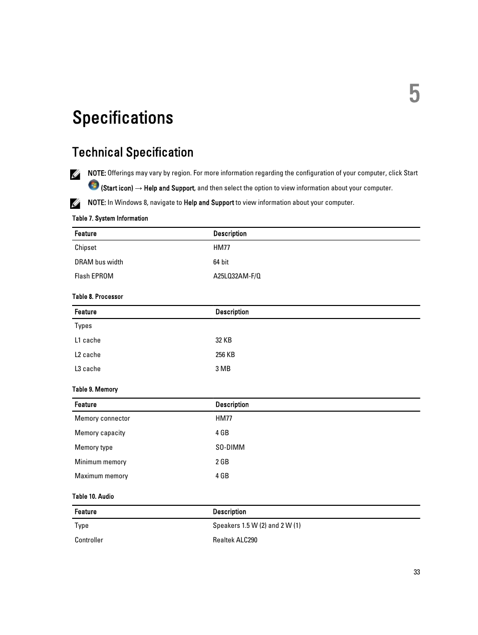 Specifications, Technical specification, 5 specifications | Dell Vostro 5460 (Late 2012) User Manual | Page 33 / 39