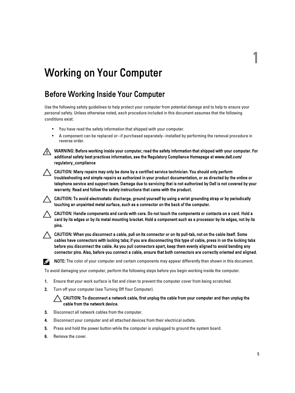 Working on your computer, Before working inside your computer, 1 working on your computer | Dell Vostro 5460 (Late 2012) User Manual | Page 5 / 39