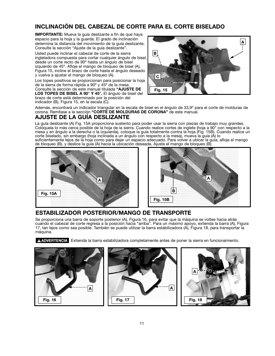 Estabilizador posterior/mango de transporte, Ajuste de la guía deslizante | Black & Decker BT2000L User Manual | Page 11 / 64