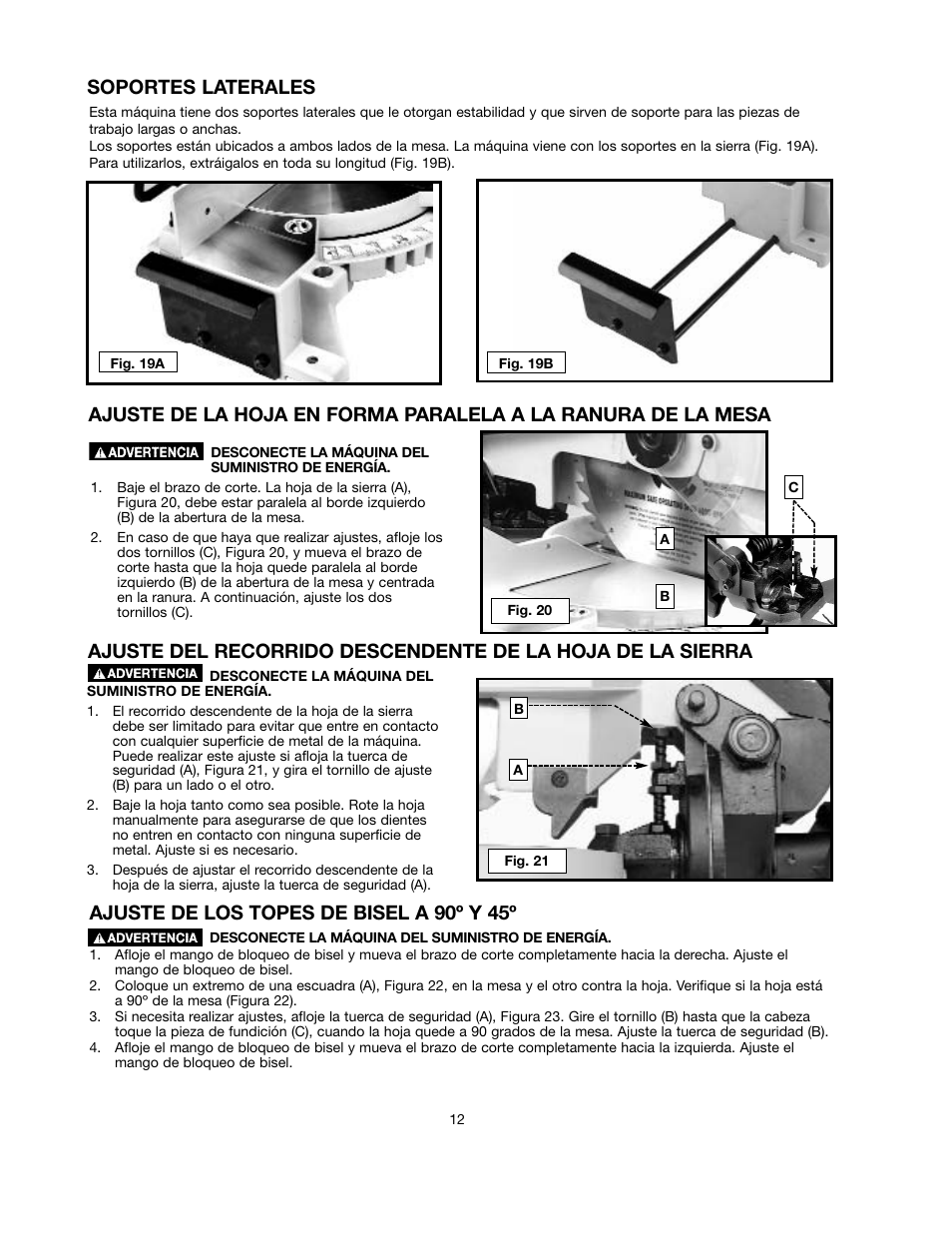 Ajuste de los topes de bisel a 90º y 45º, Soportes laterales | Black & Decker BT2000L User Manual | Page 12 / 64