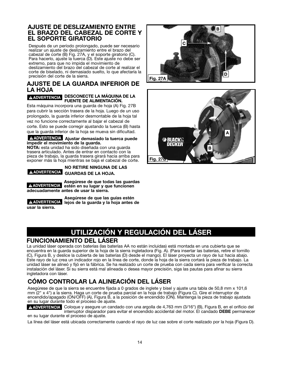 Utilización y regulación del láser, Ajuste de la guarda inferior de la hoja | Black & Decker BT2000L User Manual | Page 14 / 64