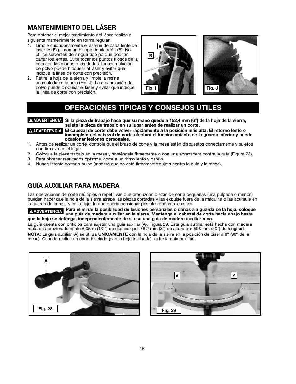 Operaciones típicas y consejos útiles, Guía auxiliar para madera, Mantenimiento del láser | Black & Decker BT2000L User Manual | Page 16 / 64