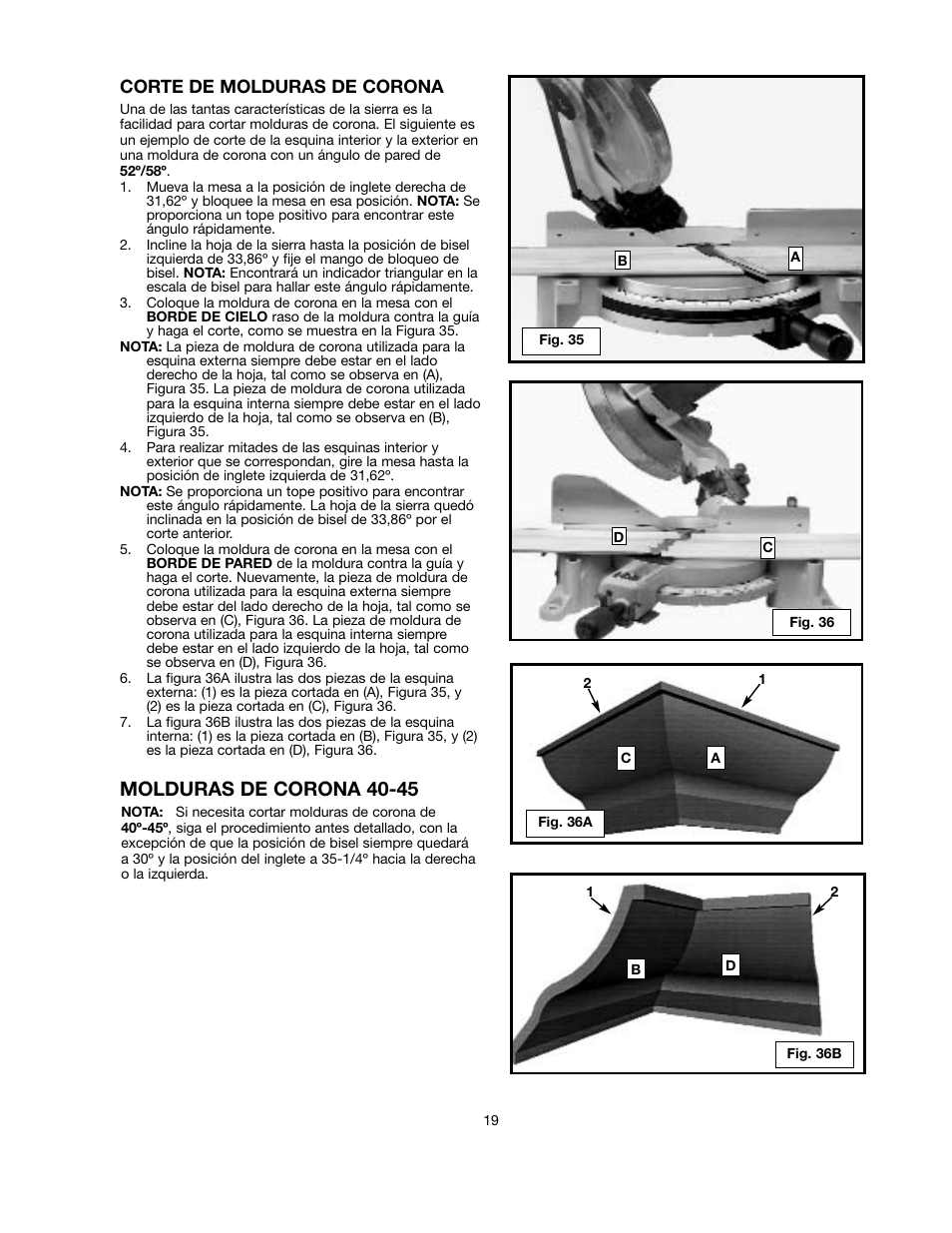 Molduras de corona 40-45, Corte de molduras de corona | Black & Decker BT2000L User Manual | Page 19 / 64