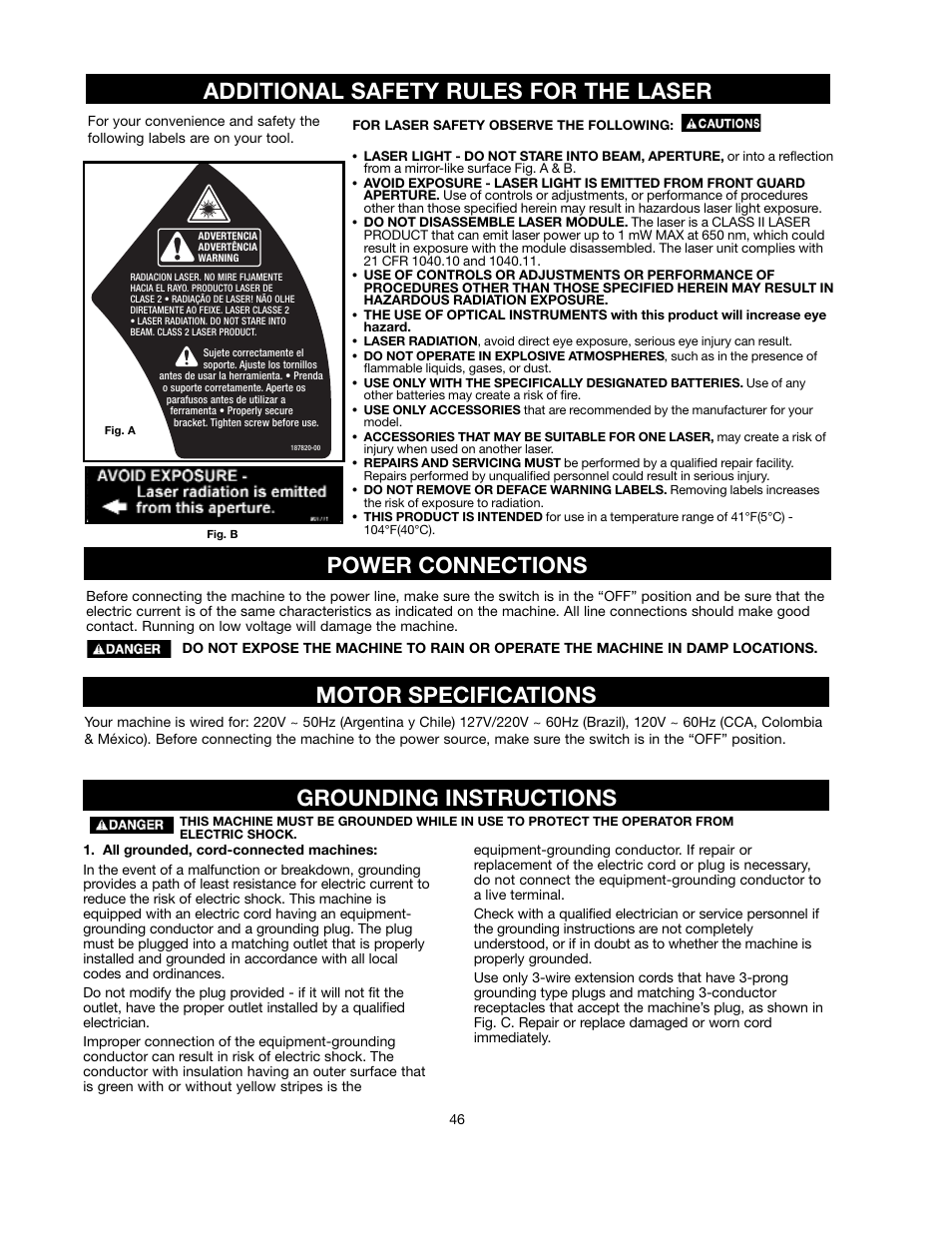 Motor specifications grounding instructions, Additional safety rules for the laser, Power connections | Black & Decker BT2000L User Manual | Page 46 / 64