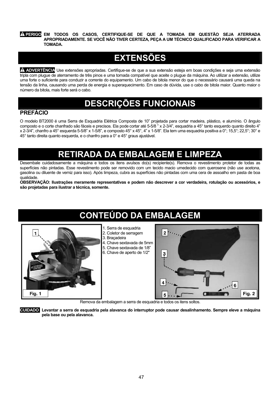 Extensões, Descrições funcionais, Retirada da embalagem e limpeza | Conteúdo da embalagem | Black & Decker BT2000L User Manual | Page 47 / 64
