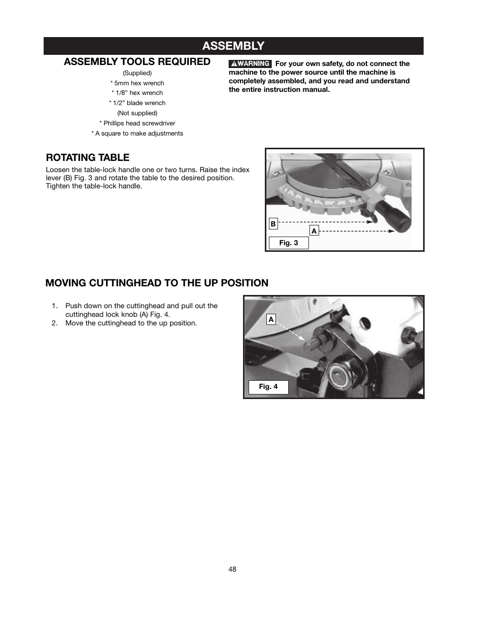 Assembly, Rotating table, Moving cuttinghead to the up position | Assembly tools required | Black & Decker BT2000L User Manual | Page 48 / 64
