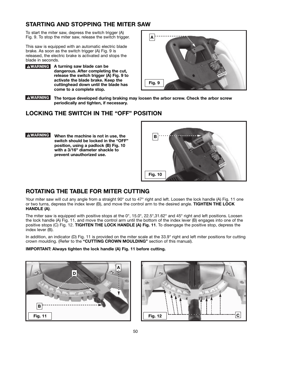 Starting and stopping the miter saw, Locking the switch in the “off” position, Rotating the table for miter cutting | Black & Decker BT2000L User Manual | Page 50 / 64