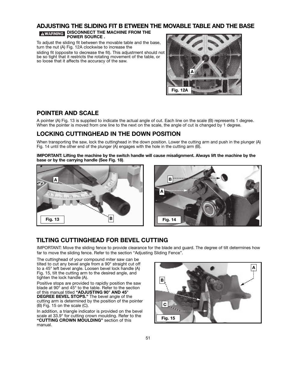 Pointer and scale, Locking cuttinghead in the down position, Tilting cuttinghead for bevel cutting | Black & Decker BT2000L User Manual | Page 51 / 64