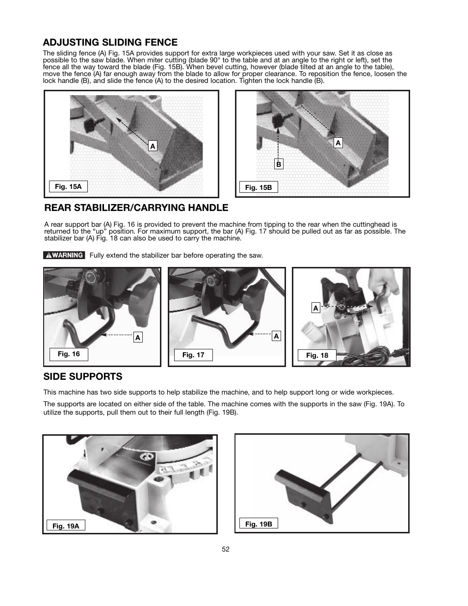 Rear stabilizer/carrying handle, Side supports, Adjusting sliding fence | Black & Decker BT2000L User Manual | Page 52 / 64