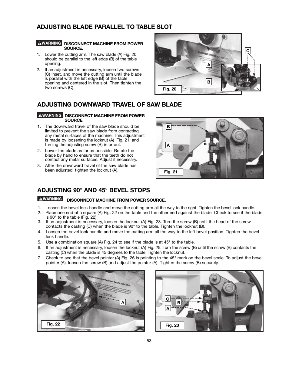 Adjusting downward travel of saw blade, Adjusting 90 ° and 45 ° bevel stops, Adjusting blade parallel to table slot | Black & Decker BT2000L User Manual | Page 53 / 64