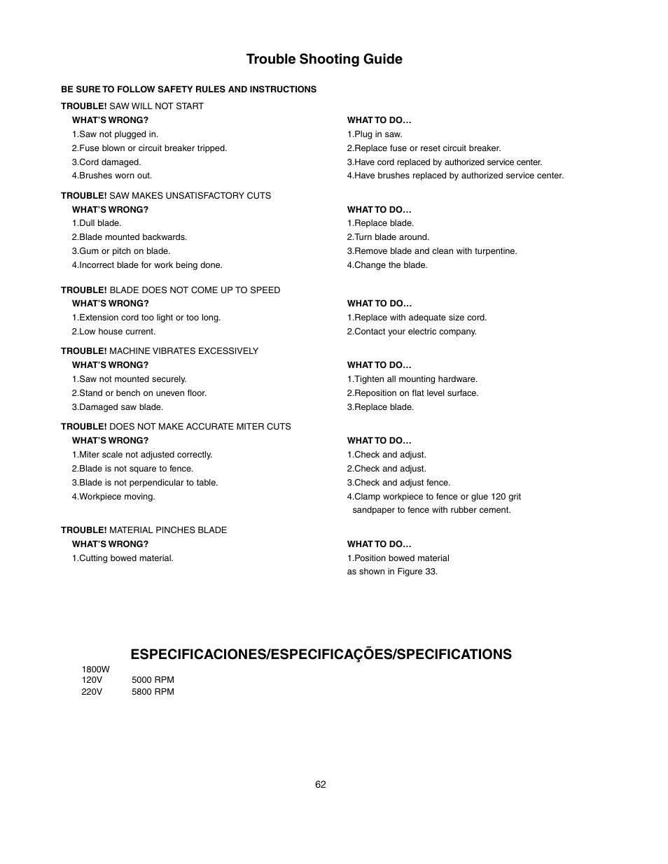 Trouble shooting guide, Especificaciones/especificações/specifications | Black & Decker BT2000L User Manual | Page 62 / 64