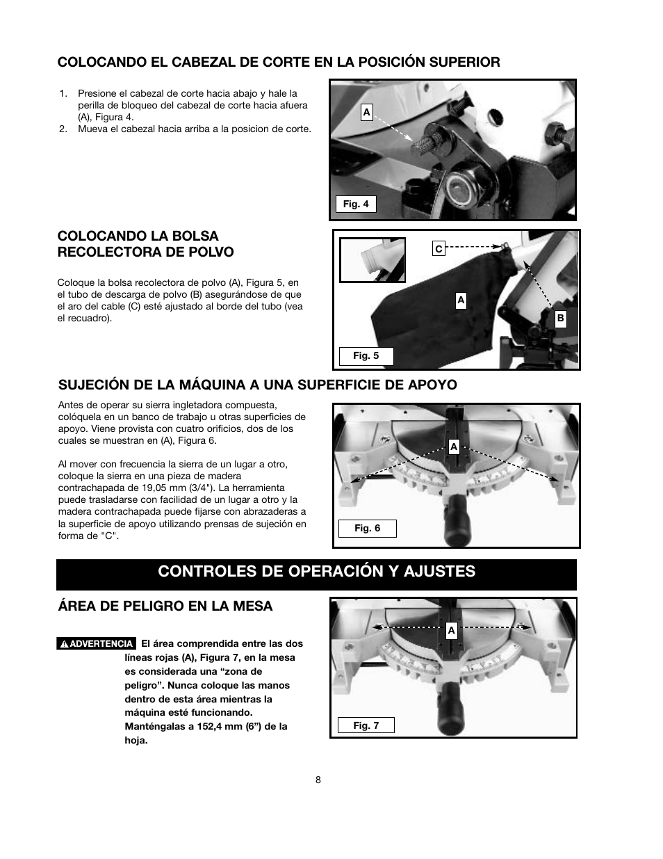 Controles de operación y ajustes, Colocando la bolsa recolectora de polvo, Sujeción de la máquina a una superficie de apoyo | Área de peligro en la mesa | Black & Decker BT2000L User Manual | Page 8 / 64