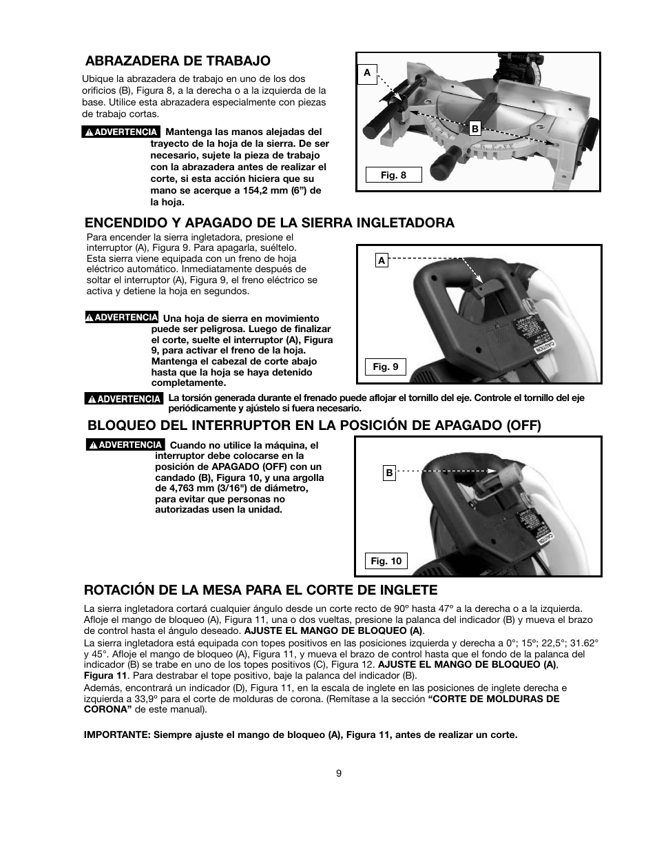 Encendido y apagado de la sierra ingletadora, Rotación de la mesa para el corte de inglete, Abrazadera de trabajo | Black & Decker BT2000L User Manual | Page 9 / 64