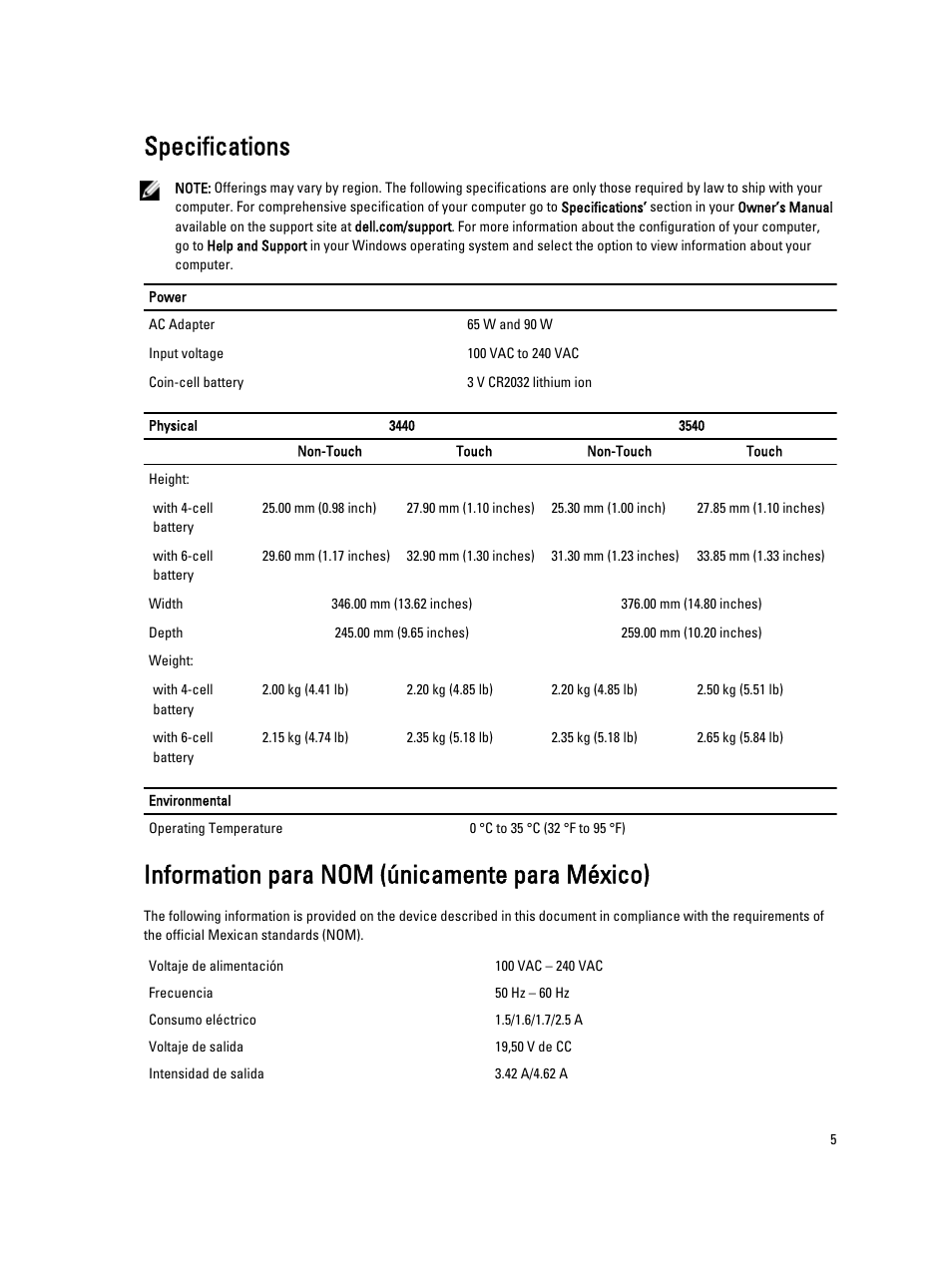 Specifications, Finding more information and resources, Information para nom (únicamente para méxico) | Dell Latitude 3540 (Late 2013) User Manual | Page 5 / 6