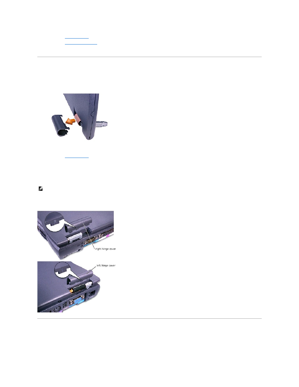Hinge covers, Palm rest assembly, Removing the hinge covers | Replacing the hinge covers | Dell Inspiron 4000 User Manual | Page 34 / 63