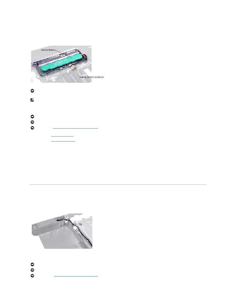 Reserve battery, System speaker assembly, Removing the reserve battery | Replacing the reserve battery, Removing the speaker assembly | Dell Inspiron 4000 User Manual | Page 38 / 63