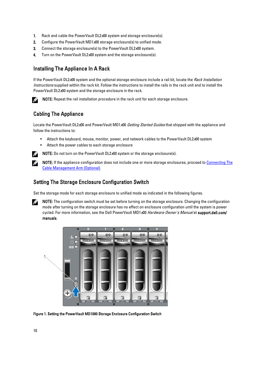 Installing the appliance in a rack, Cabling the appliance, Setting the storage enclosure configuration switch | Dell PowerVault DL2000 User Manual | Page 10 / 52