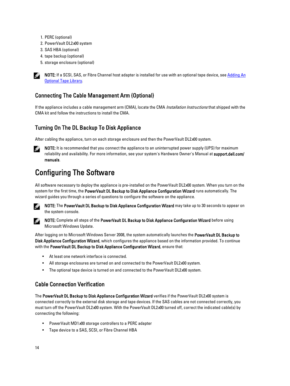 Connecting the cable management arm (optional), Turning on the dl backup to disk appliance, Configuring the software | Cable connection verification | Dell PowerVault DL2000 User Manual | Page 14 / 52