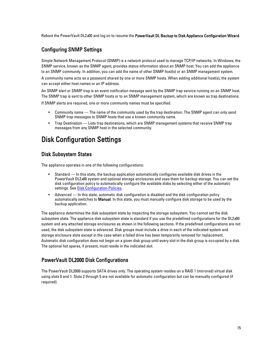 Configuring snmp settings, Disk configuration settings, Disk subsystem states | Powervault dl2000 disk configurations | Dell PowerVault DL2000 User Manual | Page 15 / 52