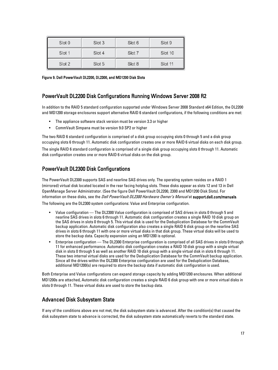 Powervault dl2300 disk configurations, Advanced disk subsystem state | Dell PowerVault DL2000 User Manual | Page 17 / 52