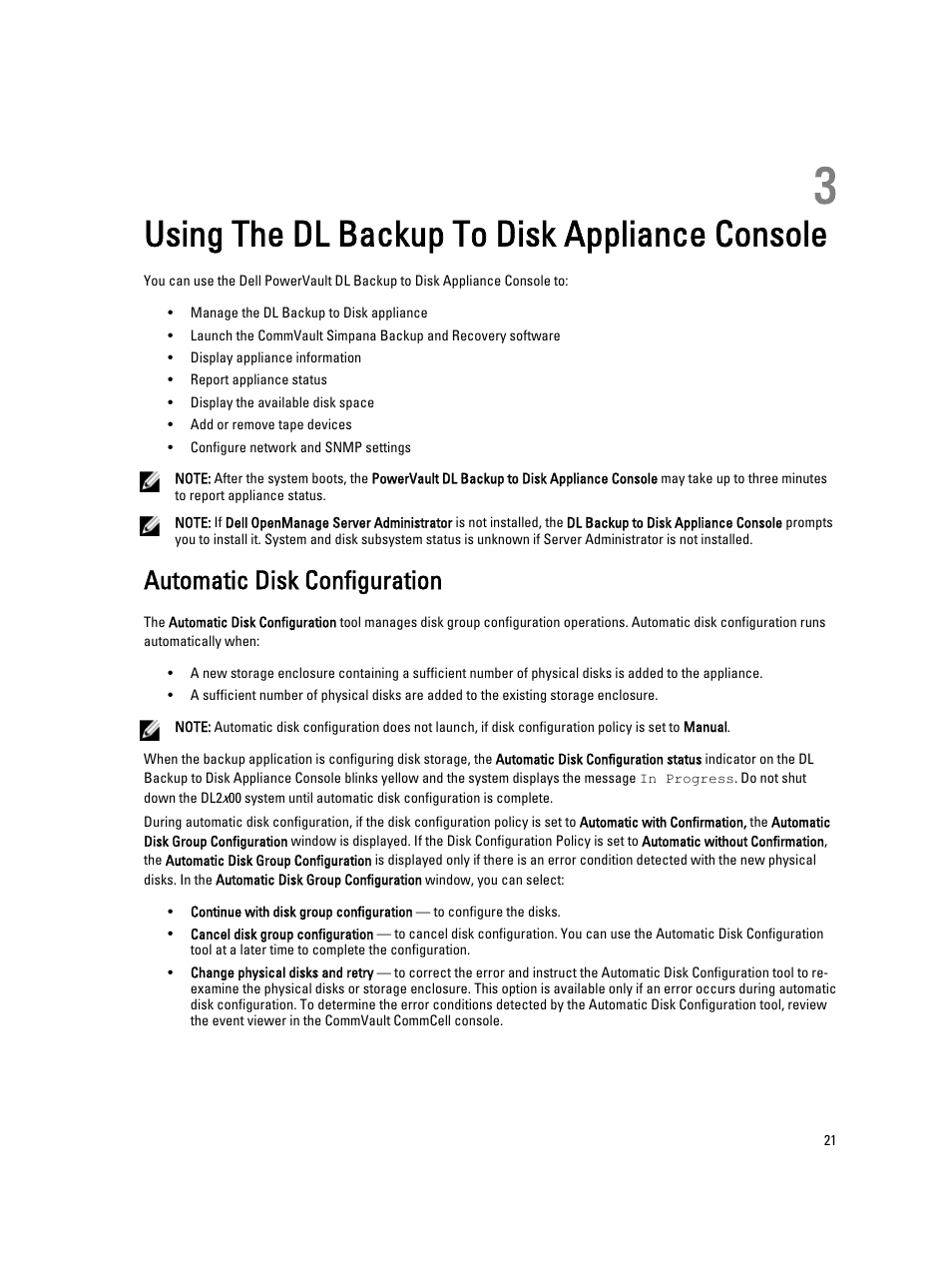 Using the dl backup to disk appliance console, Automatic disk configuration, 3 using the dl backup to disk appliance console | Dell PowerVault DL2000 User Manual | Page 21 / 52