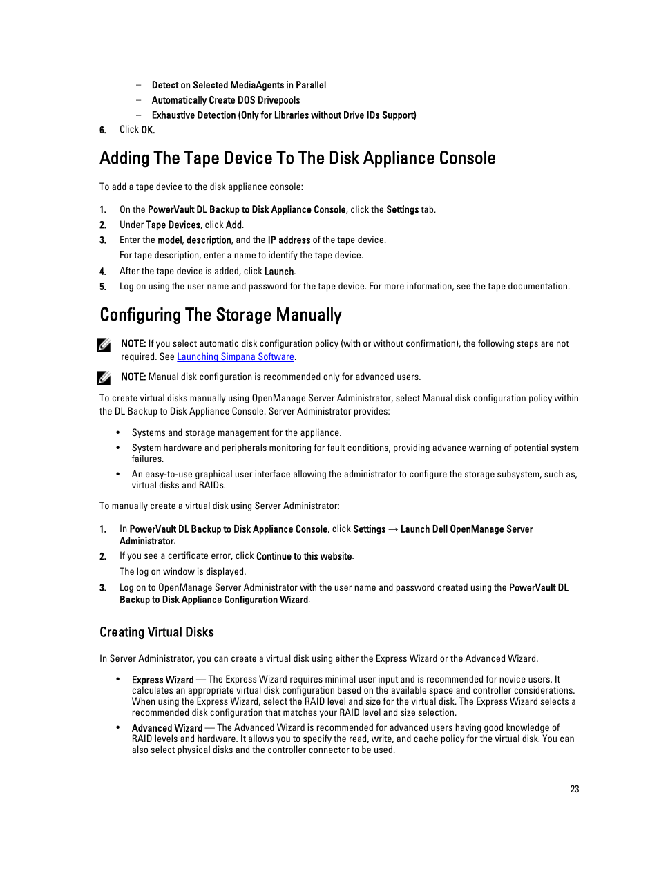 Configuring the storage manually, Creating virtual disks | Dell PowerVault DL2000 User Manual | Page 23 / 52