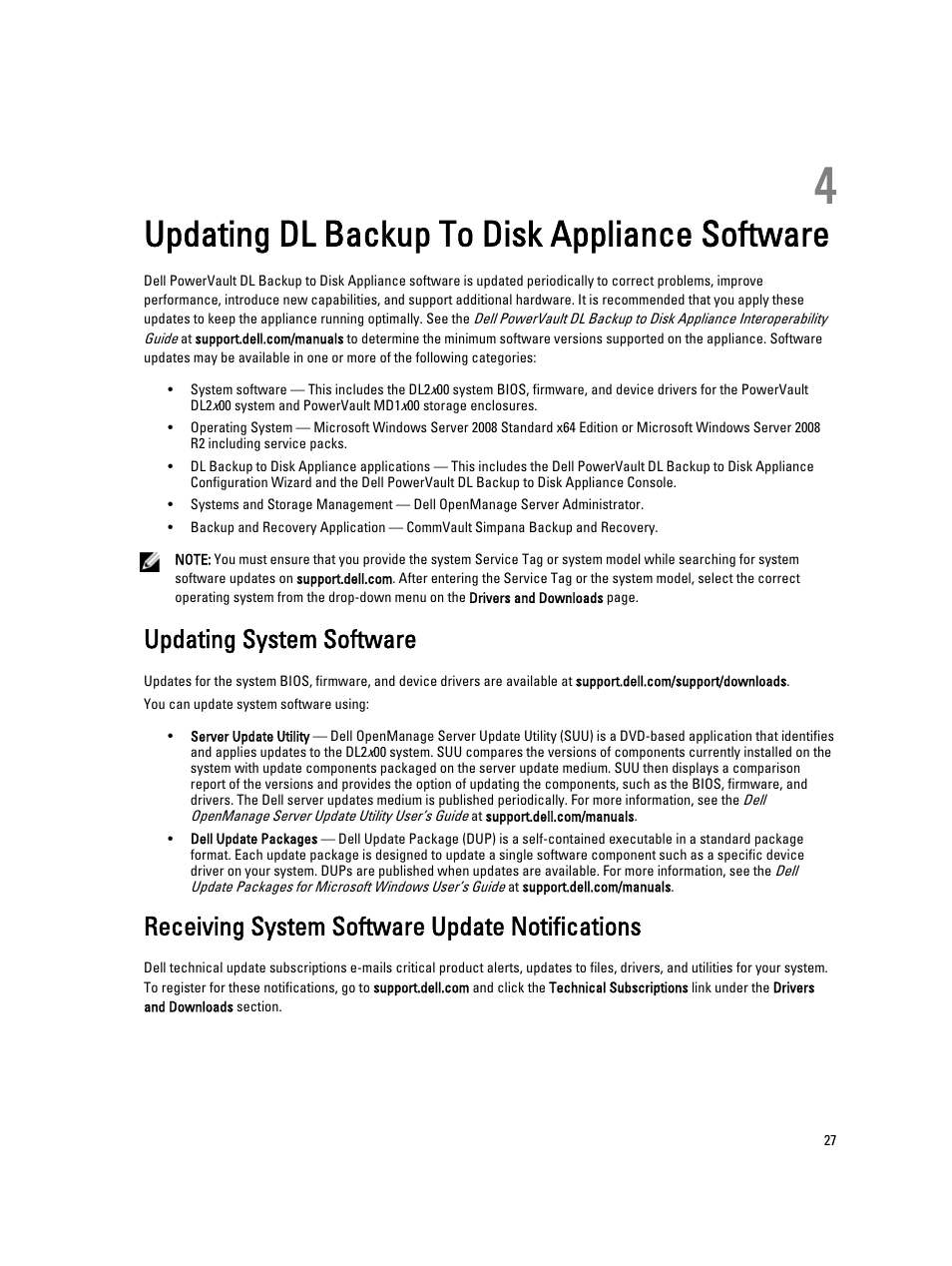 Updating dl backup to disk appliance software, Updating system software, Receiving system software update notifications | 4 updating dl backup to disk appliance software | Dell PowerVault DL2000 User Manual | Page 27 / 52