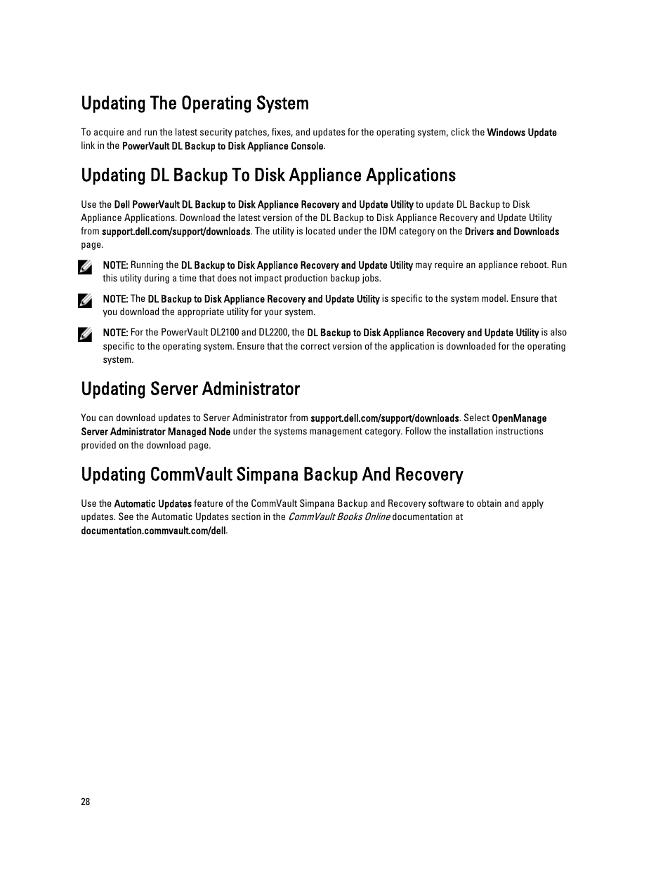 Updating the operating system, Updating dl backup to disk appliance applications, Updating server administrator | Updating commvault simpana backup and recovery | Dell PowerVault DL2000 User Manual | Page 28 / 52