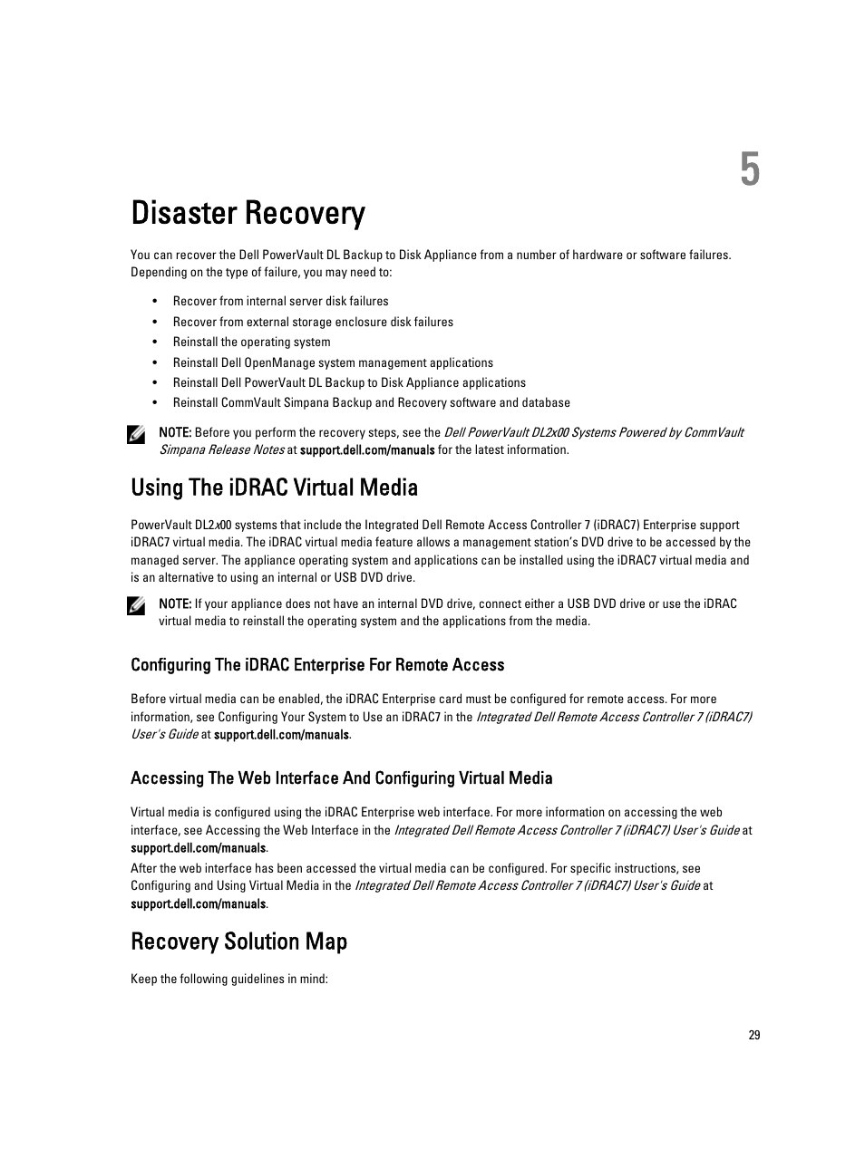 Disaster recovery, Using the idrac virtual media, Configuring the idrac enterprise for remote access | Recovery solution map, 5 disaster recovery | Dell PowerVault DL2000 User Manual | Page 29 / 52