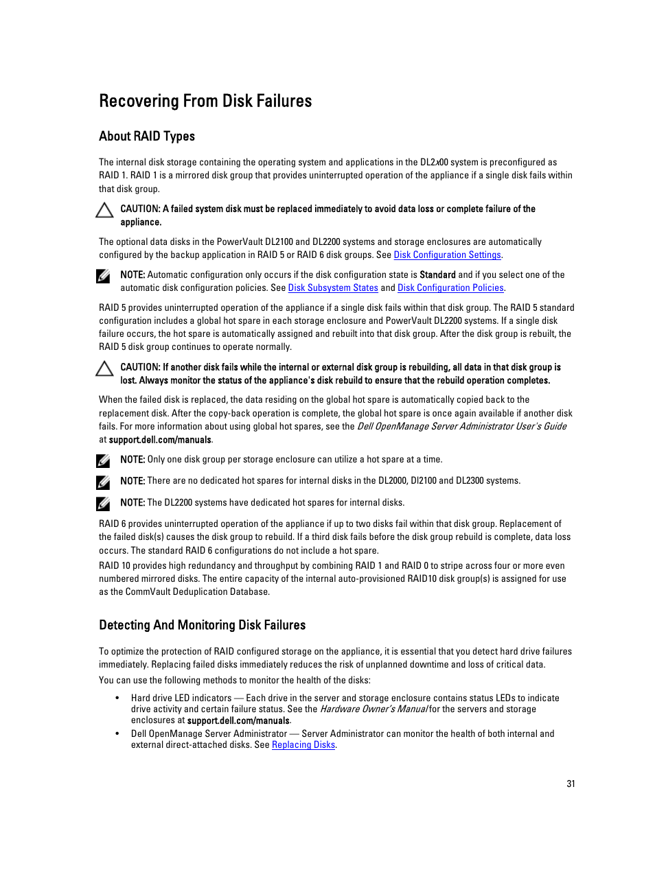 Recovering from disk failures, About raid types, Detecting and monitoring disk failures | Dell PowerVault DL2000 User Manual | Page 31 / 52
