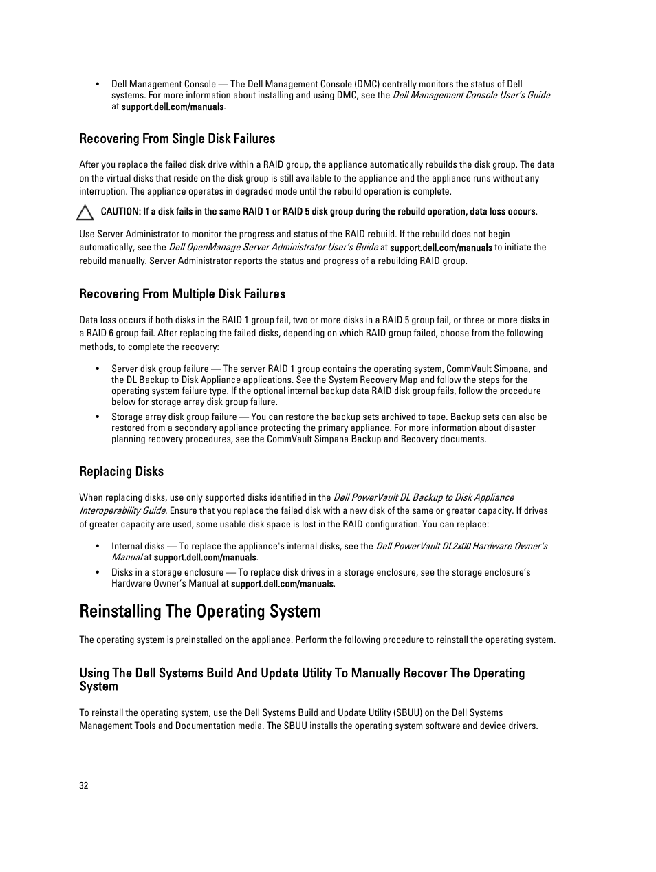 Recovering from single disk failures, Recovering from multiple disk failures, Replacing disks | Reinstalling the operating system, External direct-attached disks. see | Dell PowerVault DL2000 User Manual | Page 32 / 52