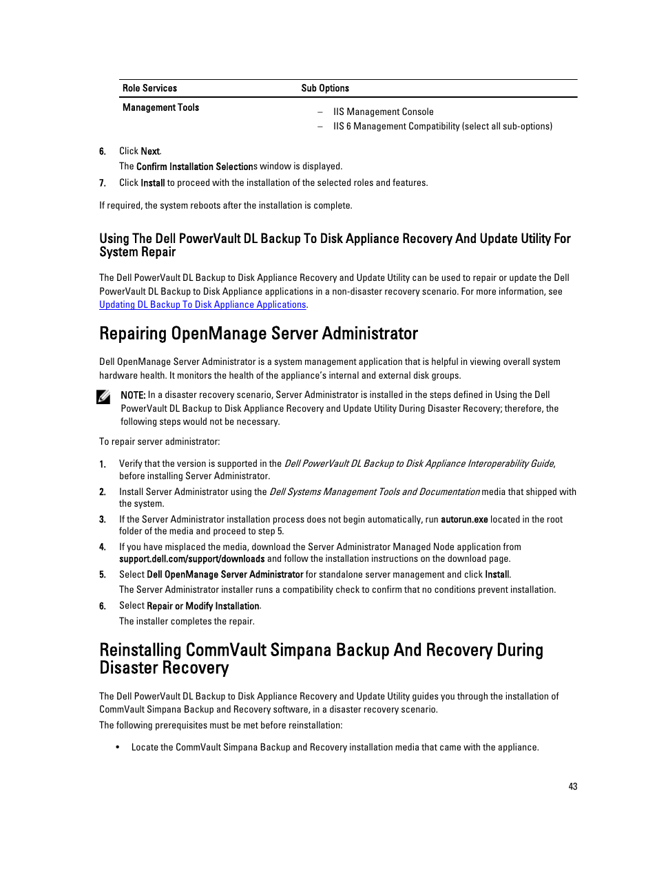 Repairing openmanage server administrator, Repairing server administrator | Dell PowerVault DL2000 User Manual | Page 43 / 52