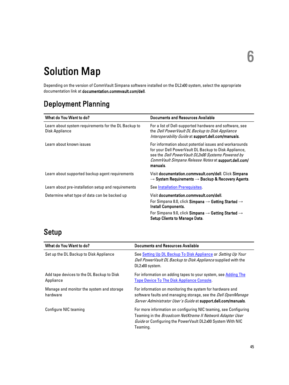 Solution map, Deployment planning, Setup | 6 solution map | Dell PowerVault DL2000 User Manual | Page 45 / 52