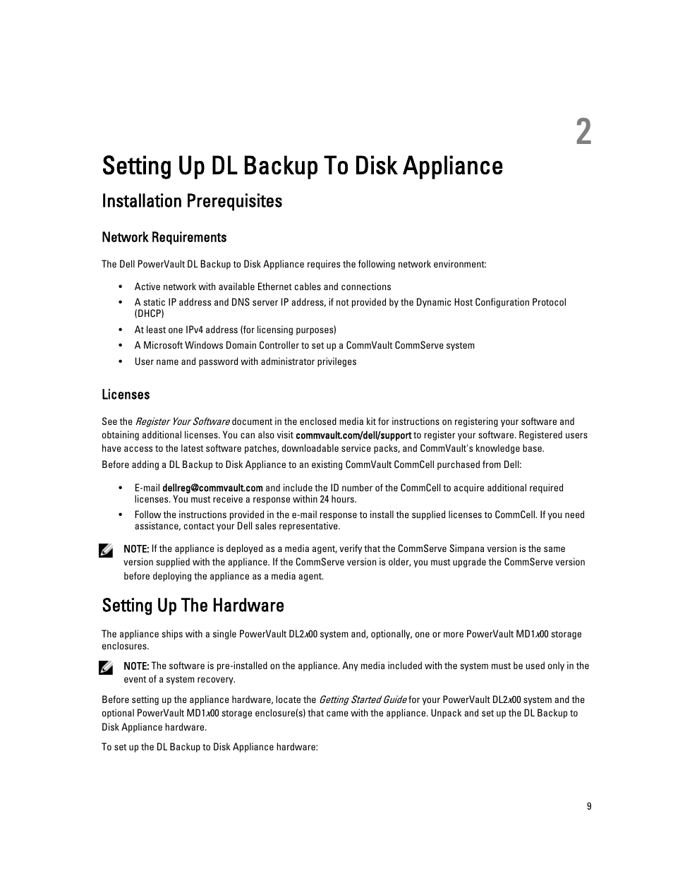 Setting up dl backup to disk appliance, Installation prerequisites, Network requirements | Licenses, Setting up the hardware, 2 setting up dl backup to disk appliance | Dell PowerVault DL2000 User Manual | Page 9 / 52