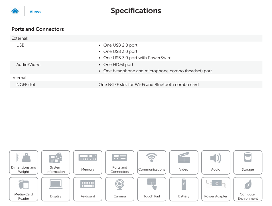 Ports and, Connectors, Specifications | Ports and connectors | Dell Inspiron 15 (7548, Late 2014) User Manual | Page 10 / 23