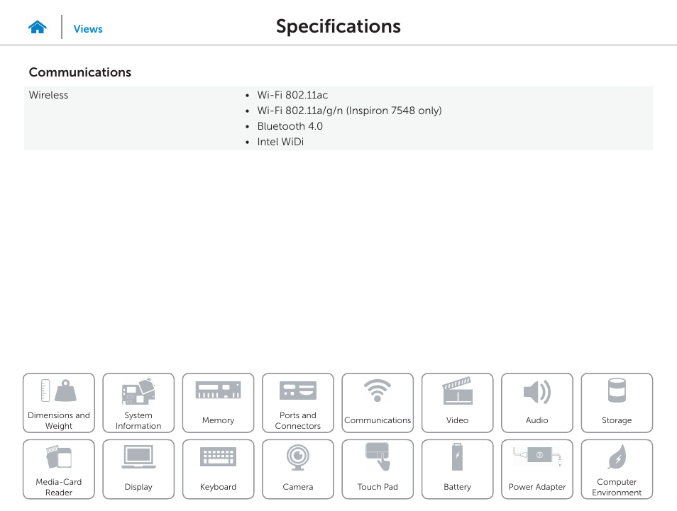 Communications, Specifications | Dell Inspiron 15 (7548, Late 2014) User Manual | Page 11 / 23