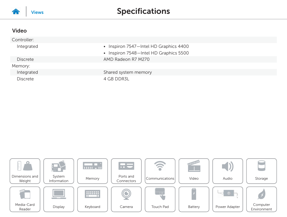 Video, Specifications | Dell Inspiron 15 (7548, Late 2014) User Manual | Page 12 / 23