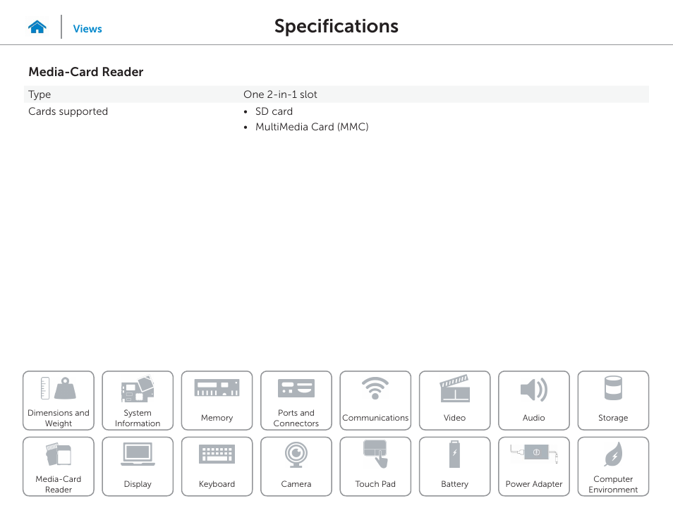Media-card, Reader, Specifications | Media-card reader | Dell Inspiron 15 (7548, Late 2014) User Manual | Page 15 / 23