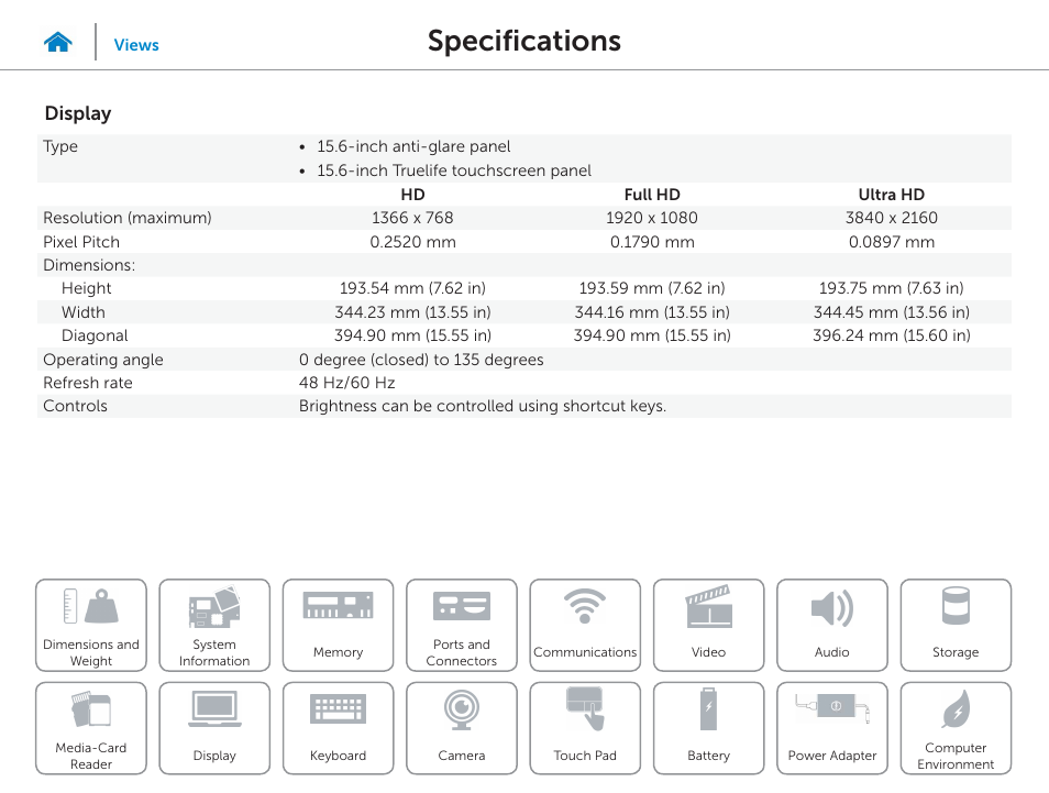 Display, Specifications | Dell Inspiron 15 (7548, Late 2014) User Manual | Page 16 / 23