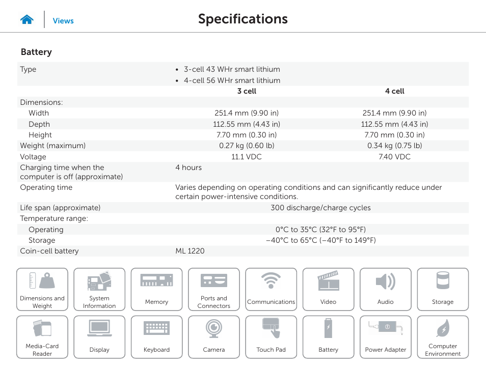 Battery, Specifications | Dell Inspiron 15 (7548, Late 2014) User Manual | Page 21 / 23