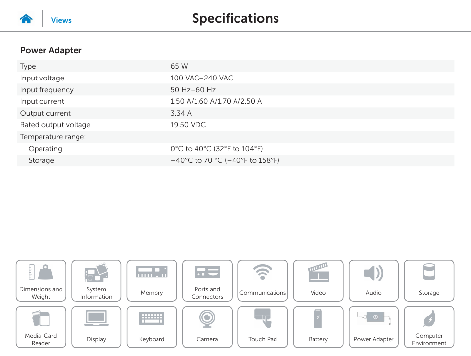 Power adapter, Specifications | Dell Inspiron 15 (7548, Late 2014) User Manual | Page 22 / 23