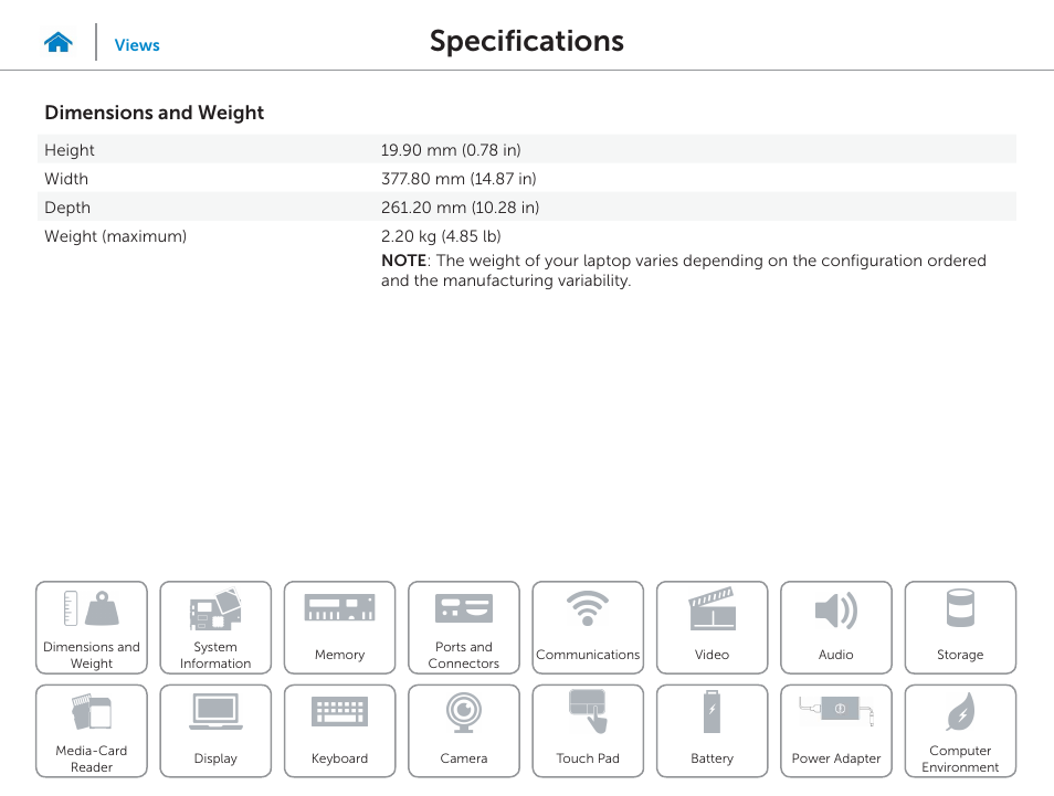 Specifications, Dimensions and weight | Dell Inspiron 15 (7548, Late 2014) User Manual | Page 7 / 23