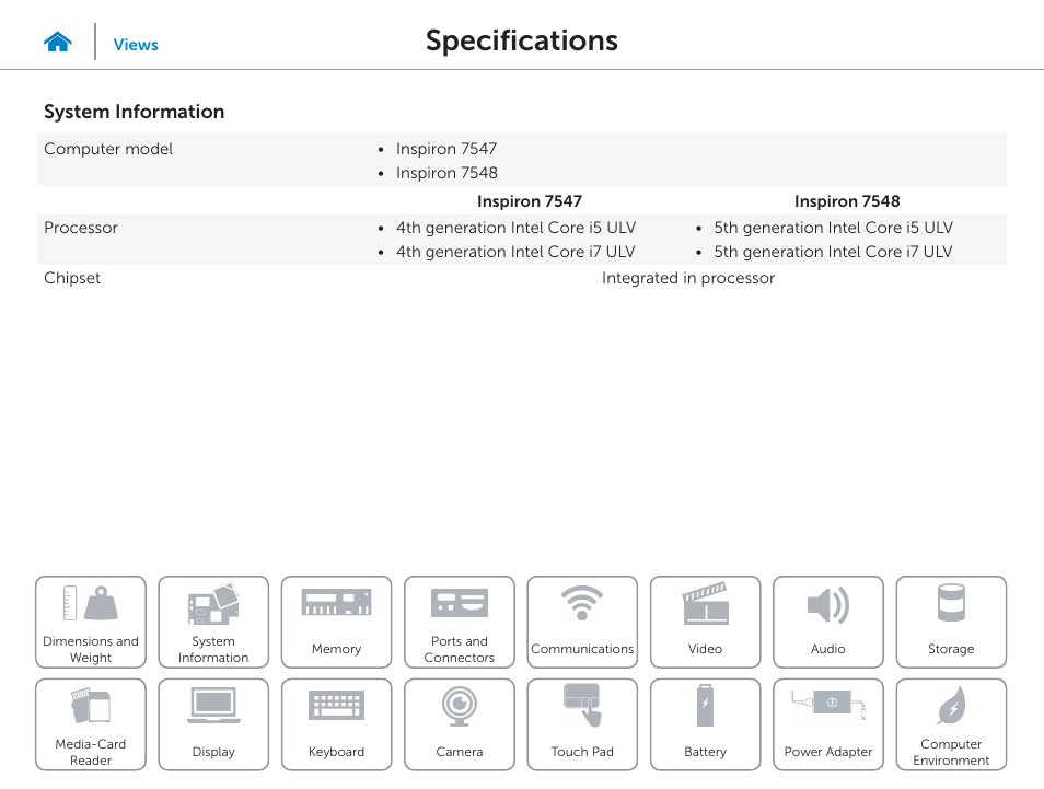 System, Information, Specifications | System information | Dell Inspiron 15 (7548, Late 2014) User Manual | Page 8 / 23