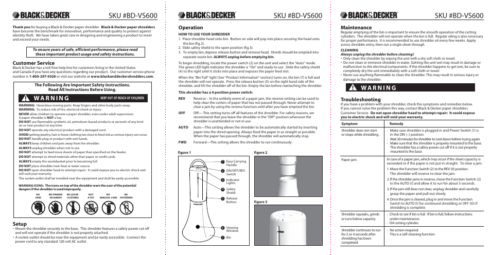Sku #bd-vs600, Operation, Maintenance | Troubleshooting, Customer service, Setup | Black & Decker BD-VS600 User Manual | Page 2 / 2