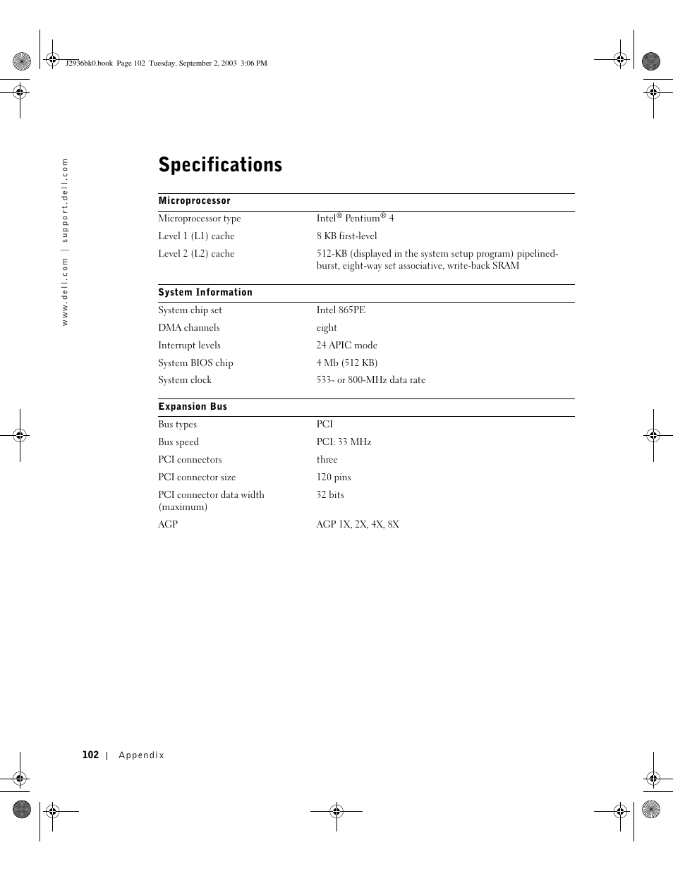 Specifications | Dell Dimension 4600 User Manual | Page 102 / 148